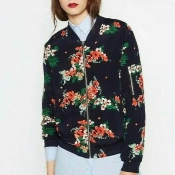 Zara Navy Blue Floral Print Lightweight Zip Up Bomber Jacket Size S - Picture 1 of 8